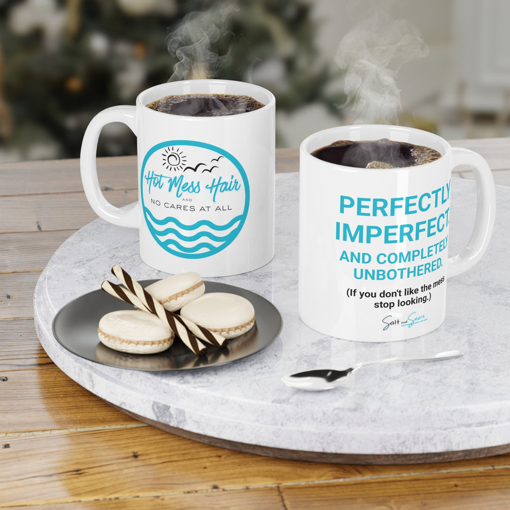 The "Unbothered" Hot Mess Hair Ceramic Mug — "No Cares At All" Beach Vibes Coffee Cup